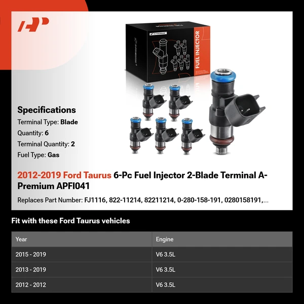 2012-2019 Ford Taurus 6-Pc Fuel Injector 2-Blade Terminal A-Premium APFI041