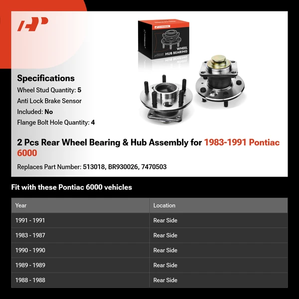 2 Pcs Rear Wheel Bearing & Hub Assembly for 1983-1991 Pontiac 6000