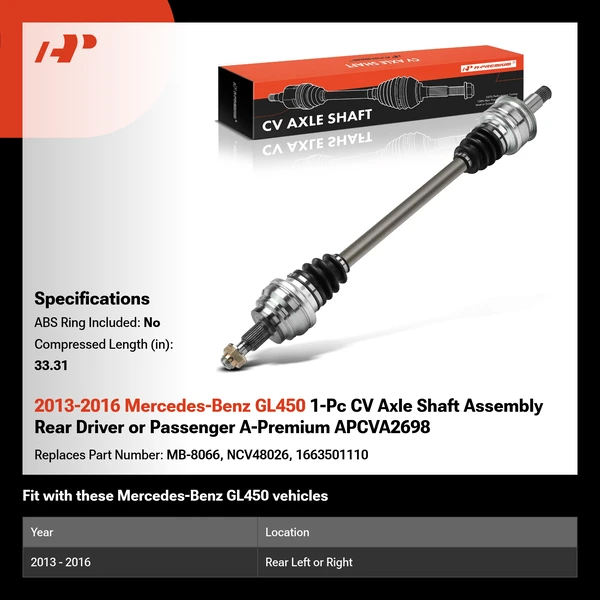 2013-2016 Mercedes-Benz GL450 1-Pc CV Axle Shaft Assembly Rear Driver or Passenger A-Premium APCVA2698