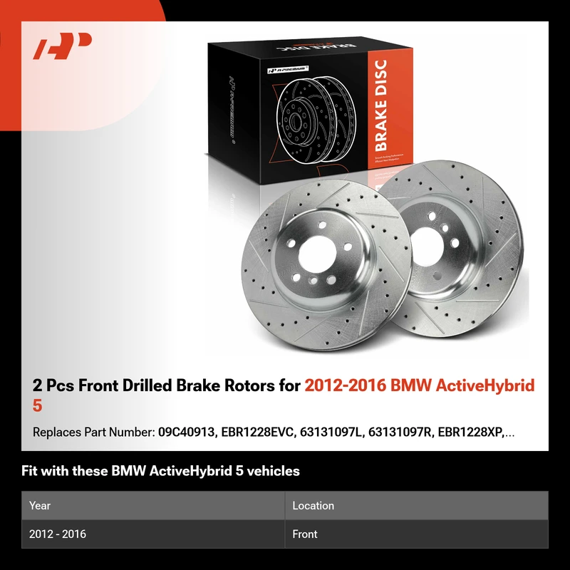 2 Pcs Front Drilled Brake Rotors for 2012-2016 BMW ActiveHybrid 5