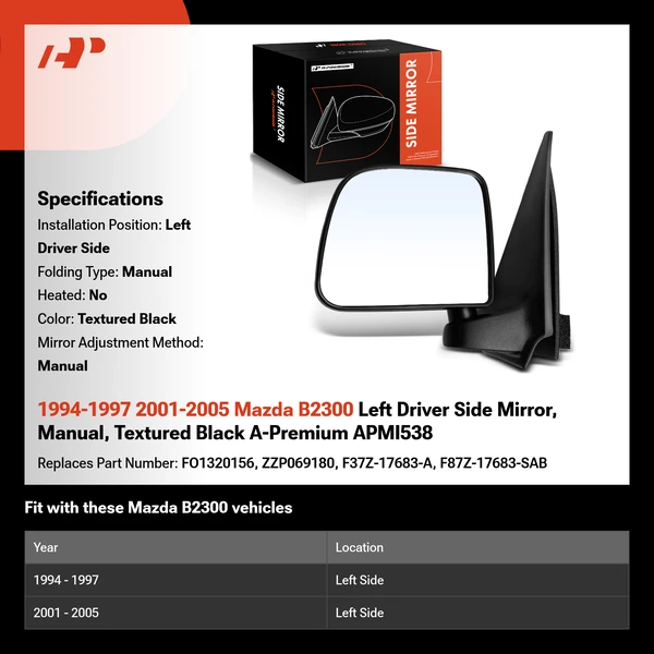 1994-1997 2001-2005 Mazda B2300 Left Driver Side Mirror, Manual, Textured Black A-Premium APMI538