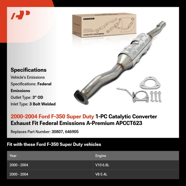 2000-2004 Ford F-350 Super Duty 1-PC Catalytic Converter Exhaust Fit Federal Emissions A-Premium APCCT623