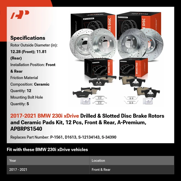 2017-2021 BMW 230i xDrive Drilled & Slotted Disc Brake Rotors and Ceramic Pads Kit, 12 Pcs, Front & Rear, A-Premium, APBRPS1540