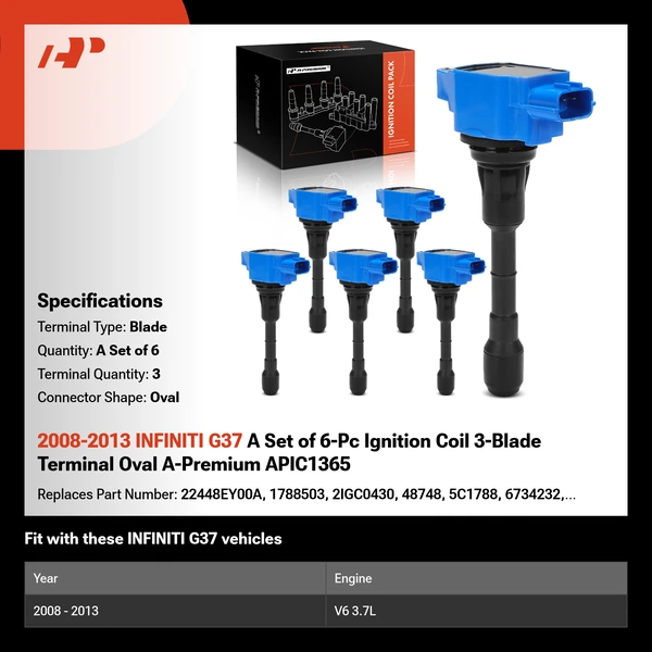 2008-2013 INFINITI G37 A Set of 6-Pc Ignition Coil 3-Blade Terminal Oval A-Premium APIC1365