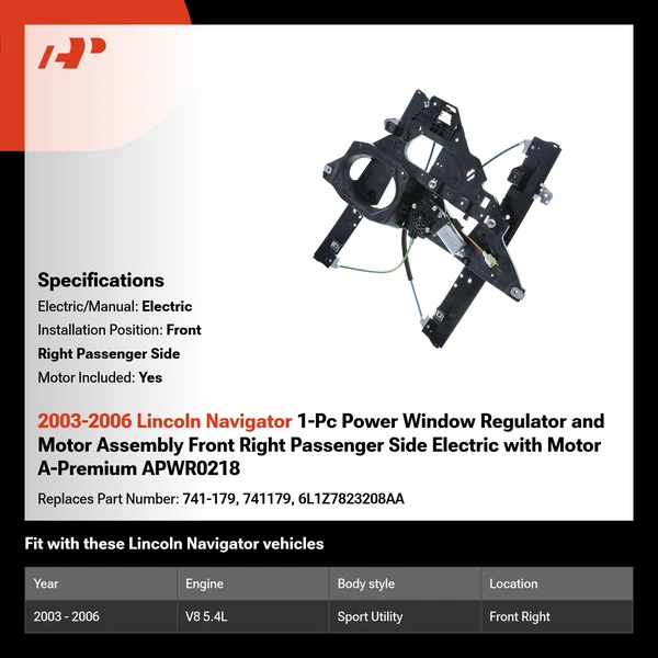 2003-2006 Lincoln Navigator 1-Pc Power Window Regulator and Motor Assembly Front Right Passenger Side Electric with Motor A-Premium APWR0218