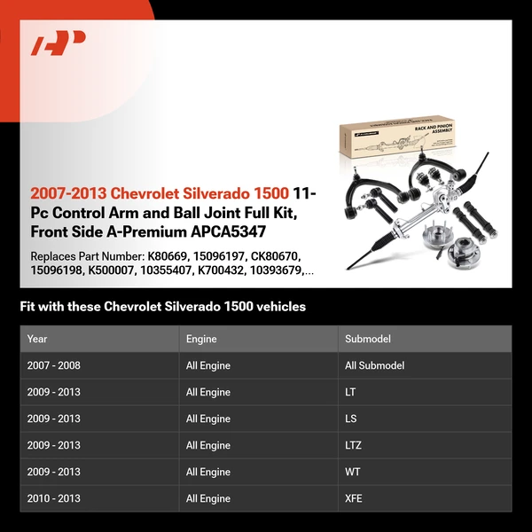 2007-2013 Chevrolet Silverado 1500 11-Pc Control Arm and Ball Joint Full Kit, Front Side A-Premium APCA5347