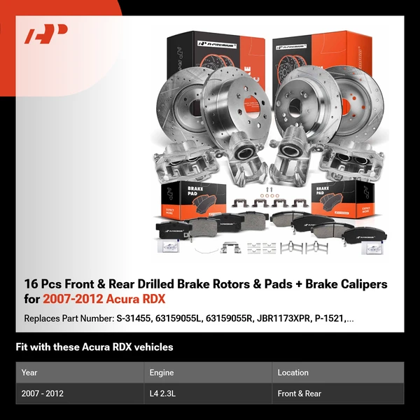 16 Pcs Front & Rear Drilled Brake Rotors & Pads + Brake Calipers for 2007-2012 Acura RDX