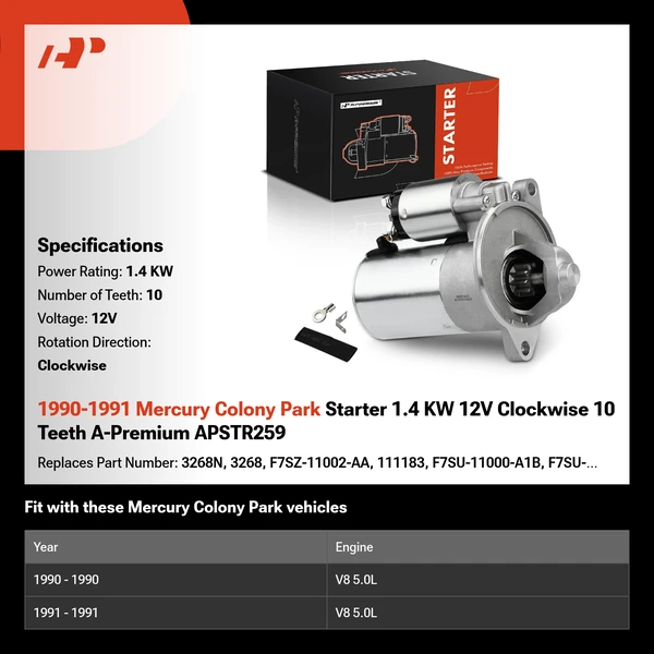 1990-1991 Mercury Colony Park Starter 1.4 KW 12V Clockwise 10 Teeth A-Premium APSTR259