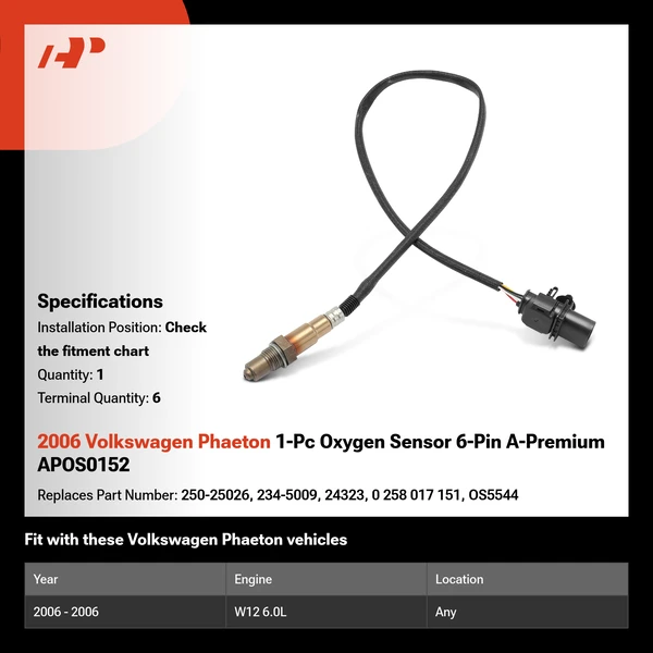 2006 Volkswagen Phaeton 1-Pc Oxygen Sensor 6-Pin A-Premium APOS0152