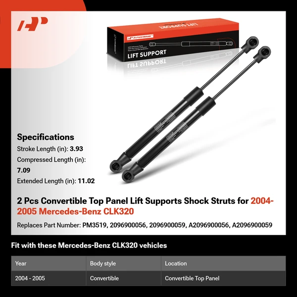 2 Pcs Convertible Top Panel Lift Supports Shock Struts for 2004-2005 Mercedes-Benz CLK320