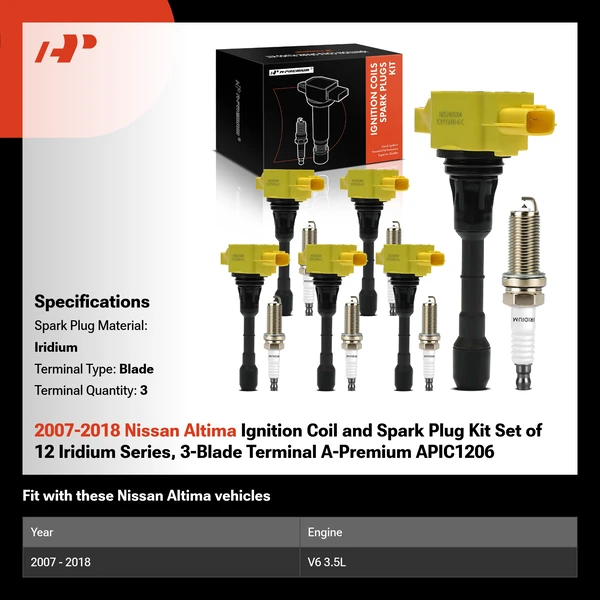 2007-2018 Nissan Altima Ignition Coil and Spark Plug Kit Set of 12 Iridium Series, 3-Blade Terminal A-Premium APIC1206