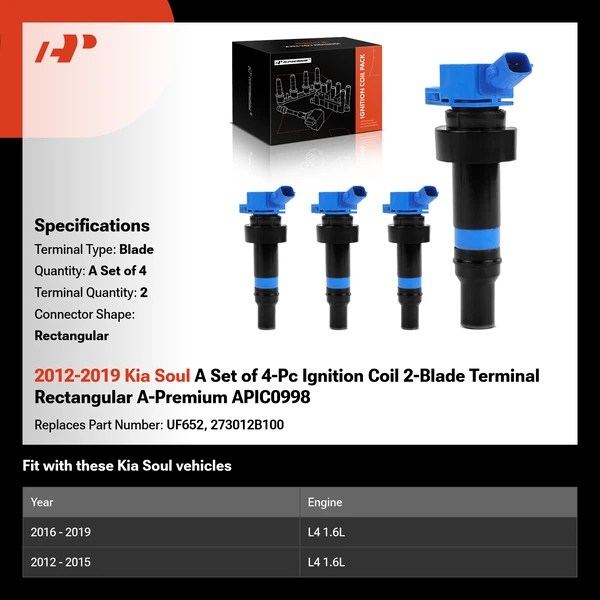 2012-2019 Kia Soul A Set of 4-Pc Ignition Coil 2-Blade Terminal Rectangular A-Premium APIC0998