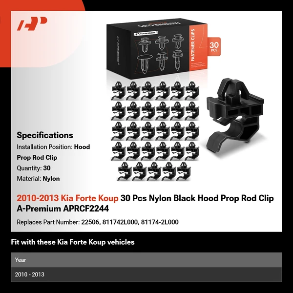 2010-2013 Kia Forte Koup 30 Pcs Nylon Black Hood Prop Rod Clip A-Premium APRCF2244