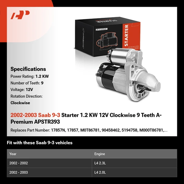 2002-2003 Saab 9-3 Starter 1.2 KW 12V Clockwise 9 Teeth A-Premium APSTR393