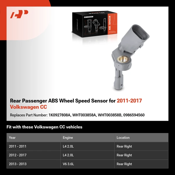 Rear Passenger ABS Wheel Speed Sensor for 2011-2017 Volkswagen CC