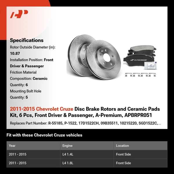 2011-2015 Chevrolet Cruze Disc Brake Rotors and Ceramic Pads Kit, 6 Pcs, Front Driver & Passenger, A-Premium, APBRPR051