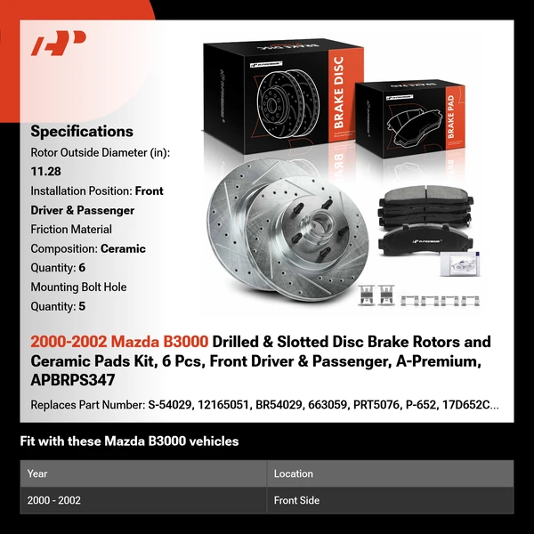 2000-2002 Mazda B3000 Drilled & Slotted Disc Brake Rotors and Ceramic Pads Kit, 6 Pcs, Front Driver & Passenger, A-Premium, APBRPS347
