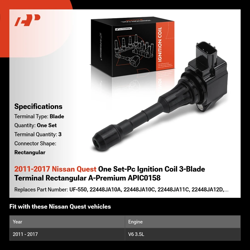 2011-2017 Nissan Quest One Set-Pc Ignition Coil 3-Blade Terminal Rectangular A-Premium APIC0158