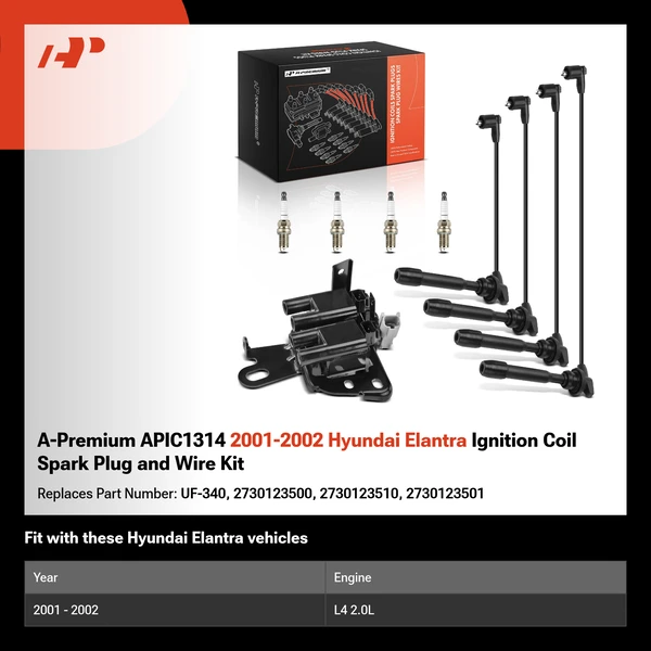 A-Premium APIC1314 2001-2002 Hyundai Elantra Ignition Coil Spark Plug and Wire Kit