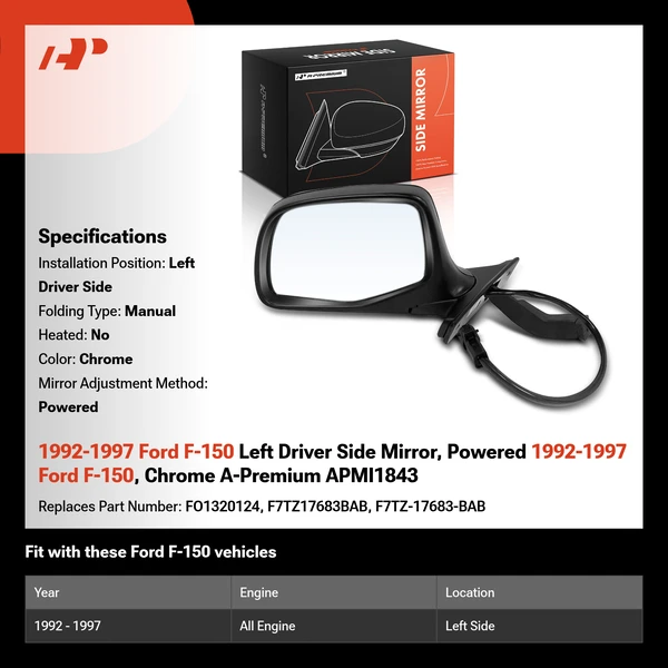 1992-1997 Ford F-150 Left Driver Side Mirror, Powered 1992-1997 Ford F-150, Chrome A-Premium APMI1843