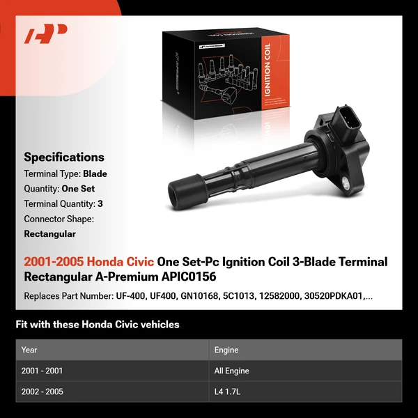 2001-2005 Honda Civic One Set-Pc Ignition Coil 3-Blade Terminal Rectangular A-Premium APIC0156