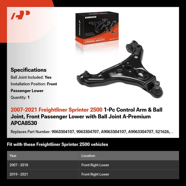 2007-2021 Freightliner Sprinter 2500 1-Pc Control Arm & Ball Joint, Front Passenger Lower with Ball Joint A-Premium APCA8530