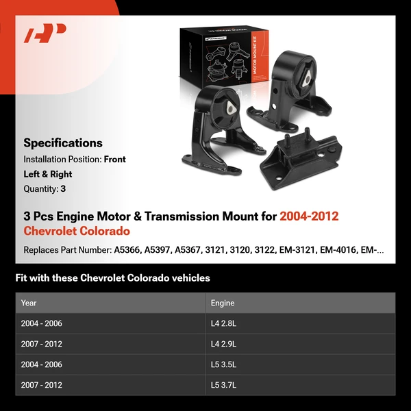 3 Pcs Engine Motor & Transmission Mount for 2004-2012 Chevrolet Colorado