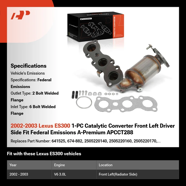 2002-2003 Lexus ES300 1-PC Catalytic Converter Front Left Driver Side Fit Federal Emissions A-Premium APCCT288