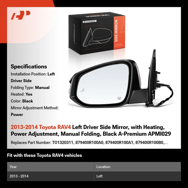 2013-2014 Toyota RAV4 Left Driver Side Mirror, with Heating, Power Adjustment, Manual Folding, Black A-Premium APMI029