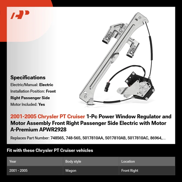2001-2005 Chrysler PT Cruiser 1-Pc Power Window Regulator and Motor Assembly Front Right Passenger Side Electric with Motor A-Premium APWR2928