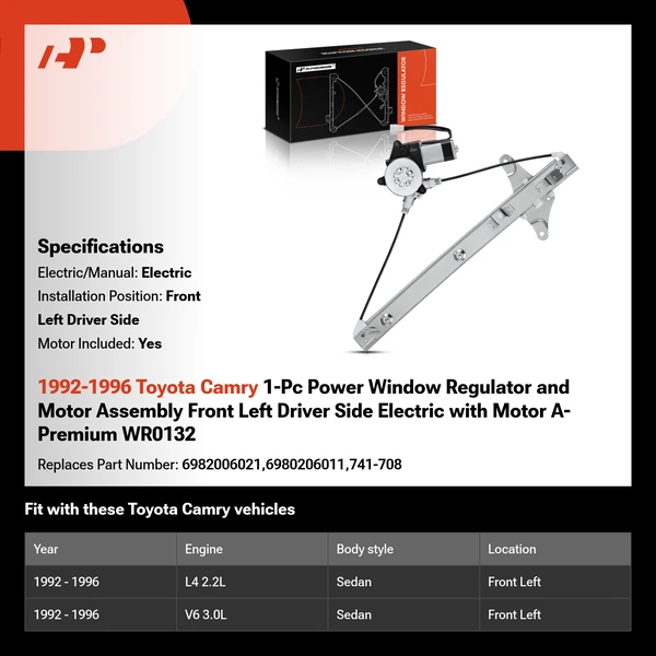 1992-1996 Toyota Camry 1-Pc Power Window Regulator and Motor Assembly Front Left Driver Side Electric with Motor A-Premium WR0132