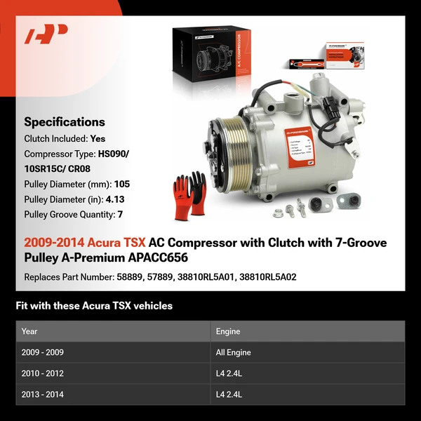 2009-2014 Acura TSX AC Compressor with Clutch with 7-Groove Pulley A-Premium APACC656