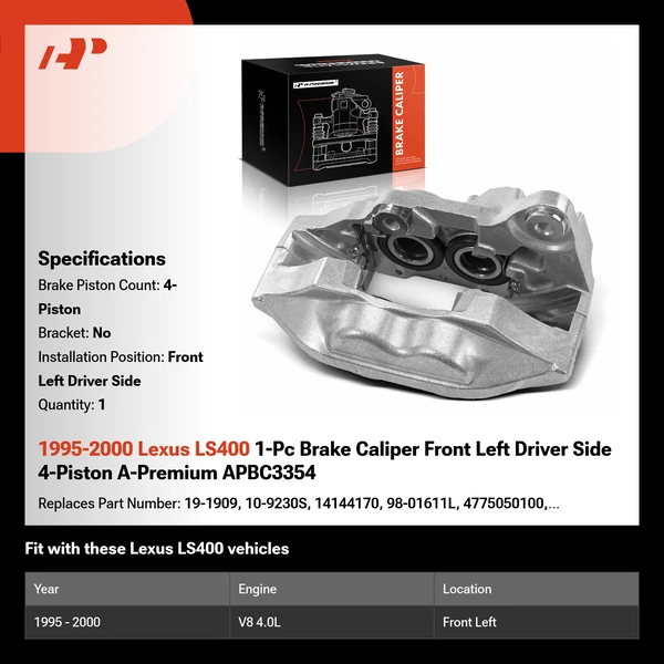 1995-2000 Lexus LS400 1-Pc Brake Caliper Front Left Driver Side 4-Piston A-Premium APBC3354