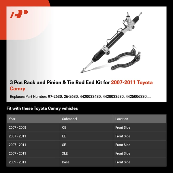 3 Pcs Rack and Pinion & Tie Rod End Kit for 2007-2011 Toyota Camry