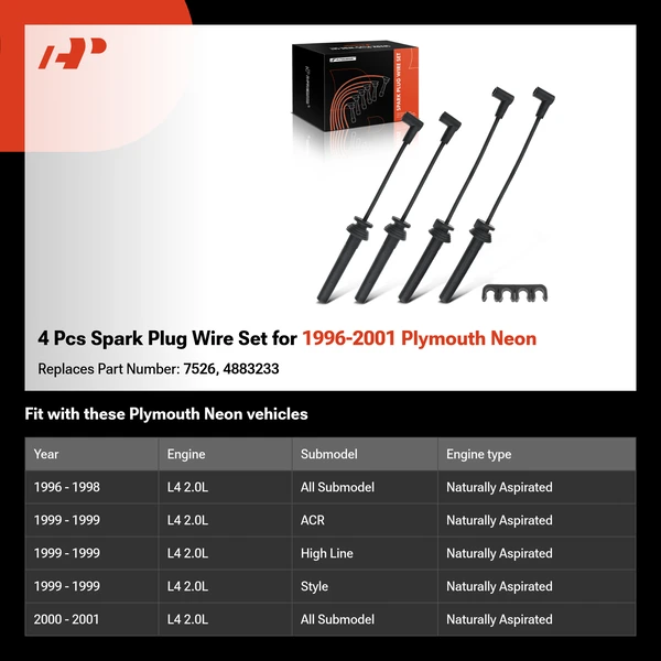 4 Pcs Spark Plug Wire Set for 1996-2001 Plymouth Neon