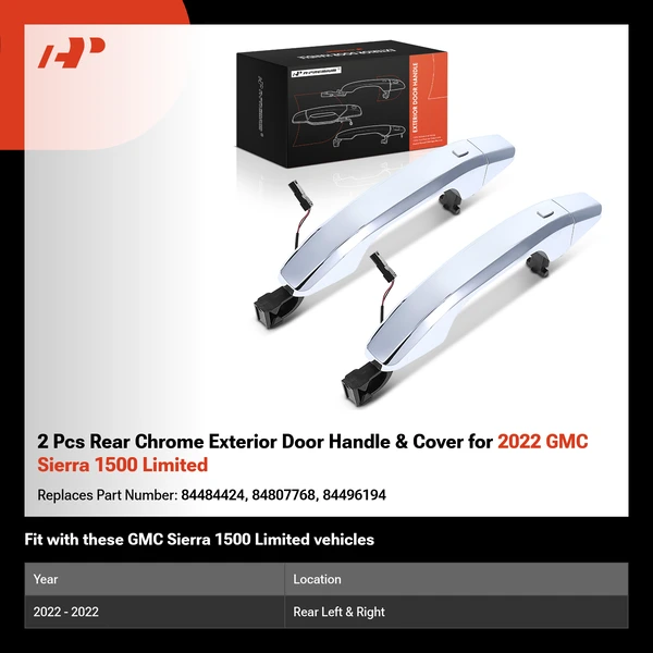 2 Pcs Rear Chrome Exterior Door Handle & Cover for 2022 GMC Sierra 1500 Limited