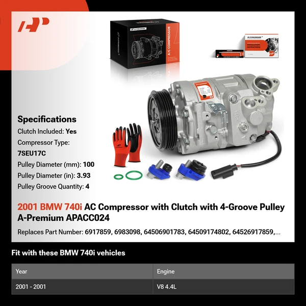 2001 BMW 740i AC Compressor with Clutch with 4-Groove Pulley A-Premium APACC024