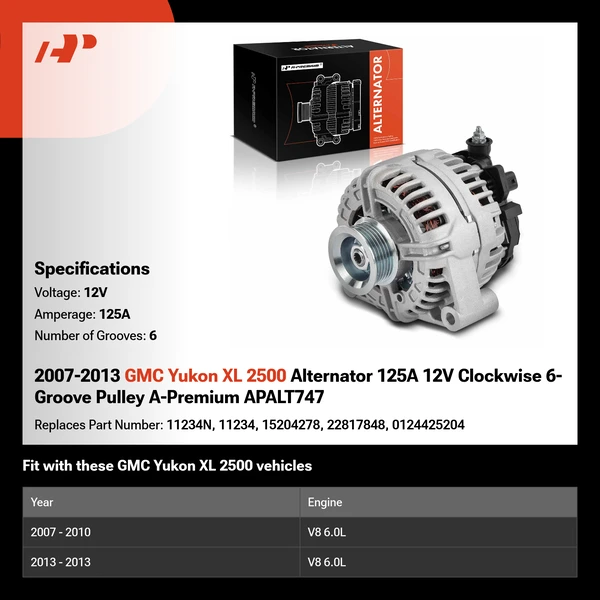 2007-2013 GMC Yukon XL 2500 Alternator 125A 12V Clockwise 6-Groove Pulley A-Premium APALT747
