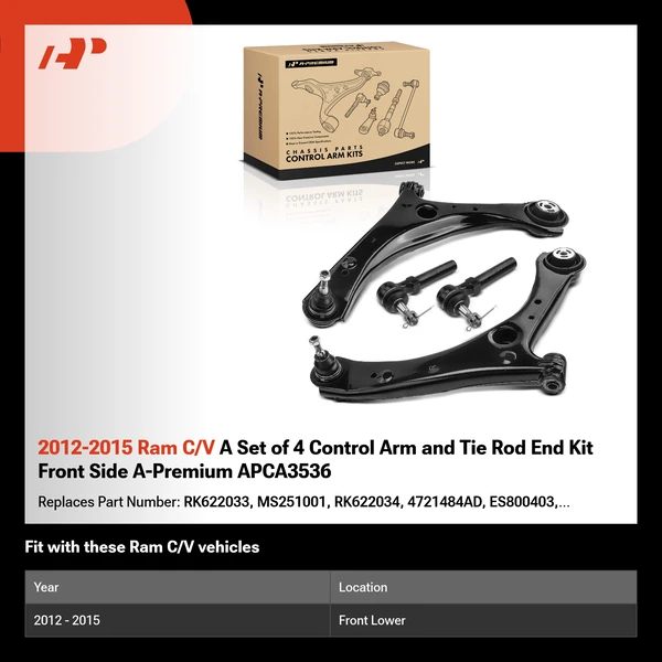 2012-2015 Ram C/V A Set of 4 Control Arm and Tie Rod End Kit Front Side A-Premium APCA3536