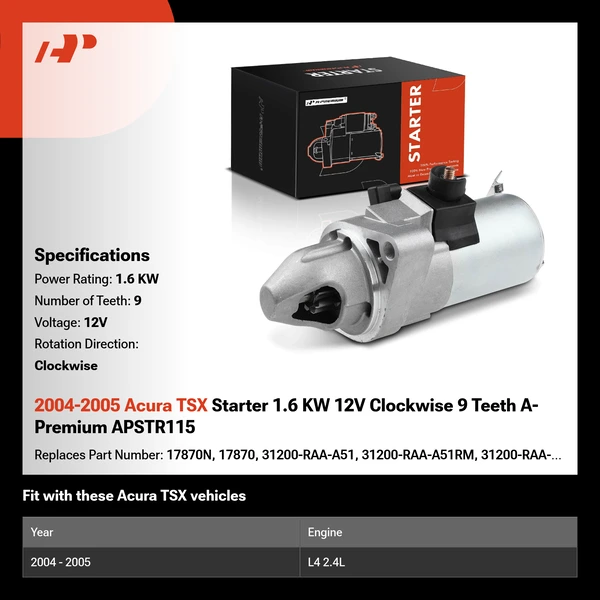 2004-2005 Acura TSX Starter 1.6 KW 12V Clockwise 9 Teeth A-Premium APSTR115