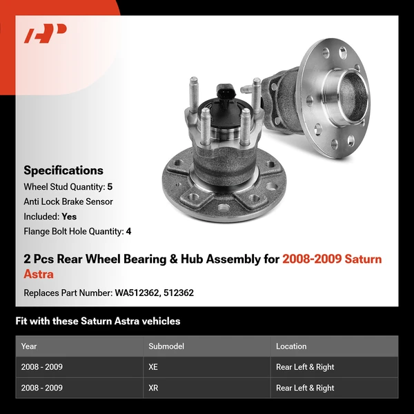 2 Pcs Rear Wheel Bearing & Hub Assembly for 2008-2009 Saturn Astra
