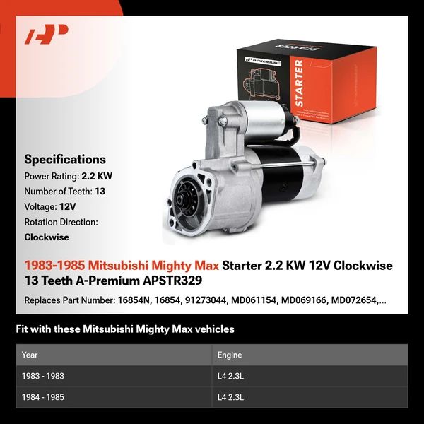 1983-1985 Mitsubishi Mighty Max Starter 2.2 KW 12V Clockwise 13 Teeth A-Premium APSTR329