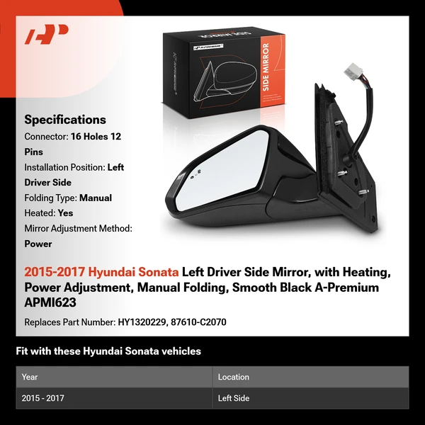 2015-2017 Hyundai Sonata Left Driver Side Mirror, with Heating, Power Adjustment, Manual Folding, Smooth Black A-Premium APMI623