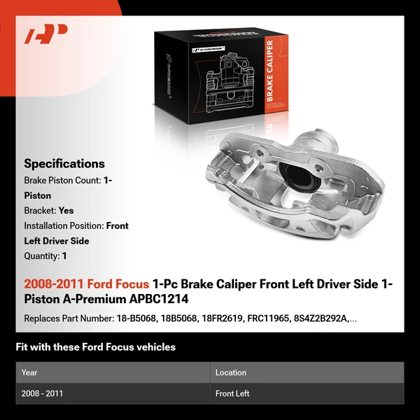 2008-2011 Ford Focus 1-Pc Brake Caliper Front Left Driver Side 1-Piston A-Premium APBC1214