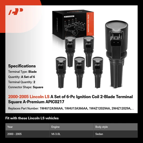2000-2005 Lincoln LS A Set of 6-Pc Ignition Coil 2-Blade Terminal Square A-Premium APIC0217