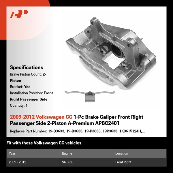 2009-2012 Volkswagen CC 1-Pc Brake Caliper Front Right Passenger Side 2-Piston A-Premium APBC2401