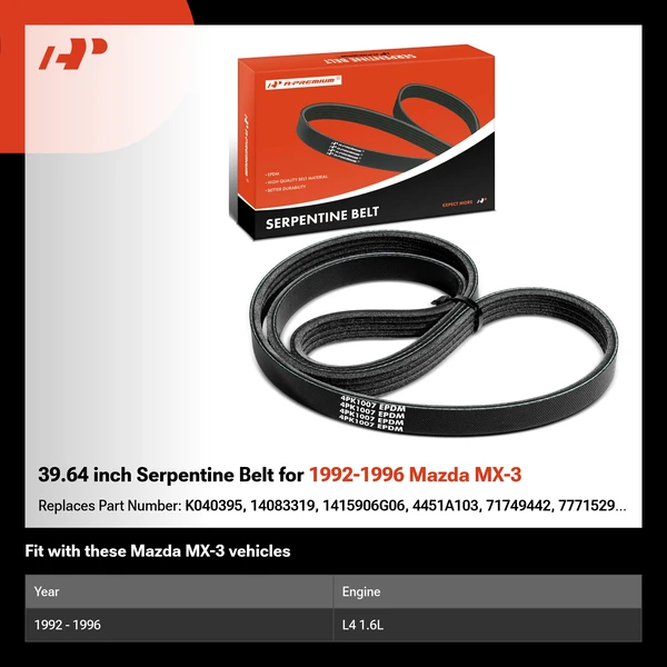39.64 inch Serpentine Belt for 1992-1996 Mazda MX-3
