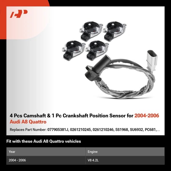 4 Pcs Camshaft & 1 Pc Crankshaft Position Sensor for 2004-2006 Audi A8 Quattro