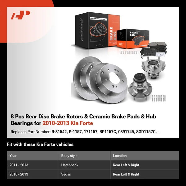 8 Pcs Rear Disc Brake Rotors & Ceramic Brake Pads & Hub Bearings for 2010-2013 Kia Forte