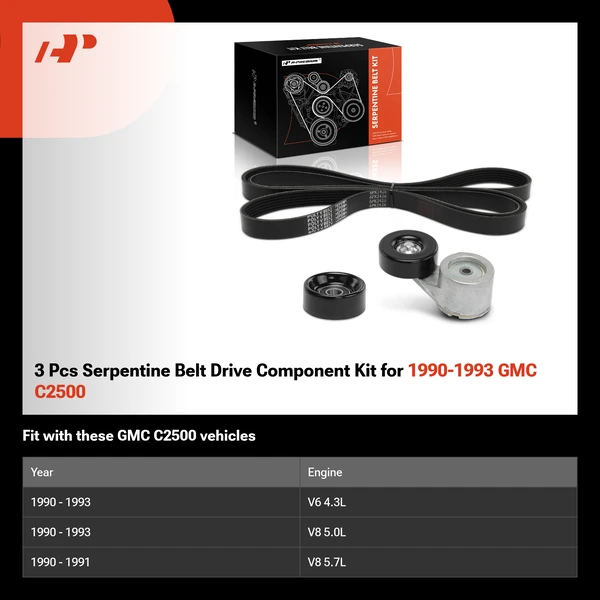 3 Pcs Serpentine Belt Drive Component Kit for 1990-1993 GMC C2500